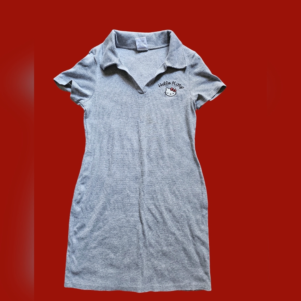 Hello Kitty embroidered cotton blend gray polo mini‎ dress size L-XL